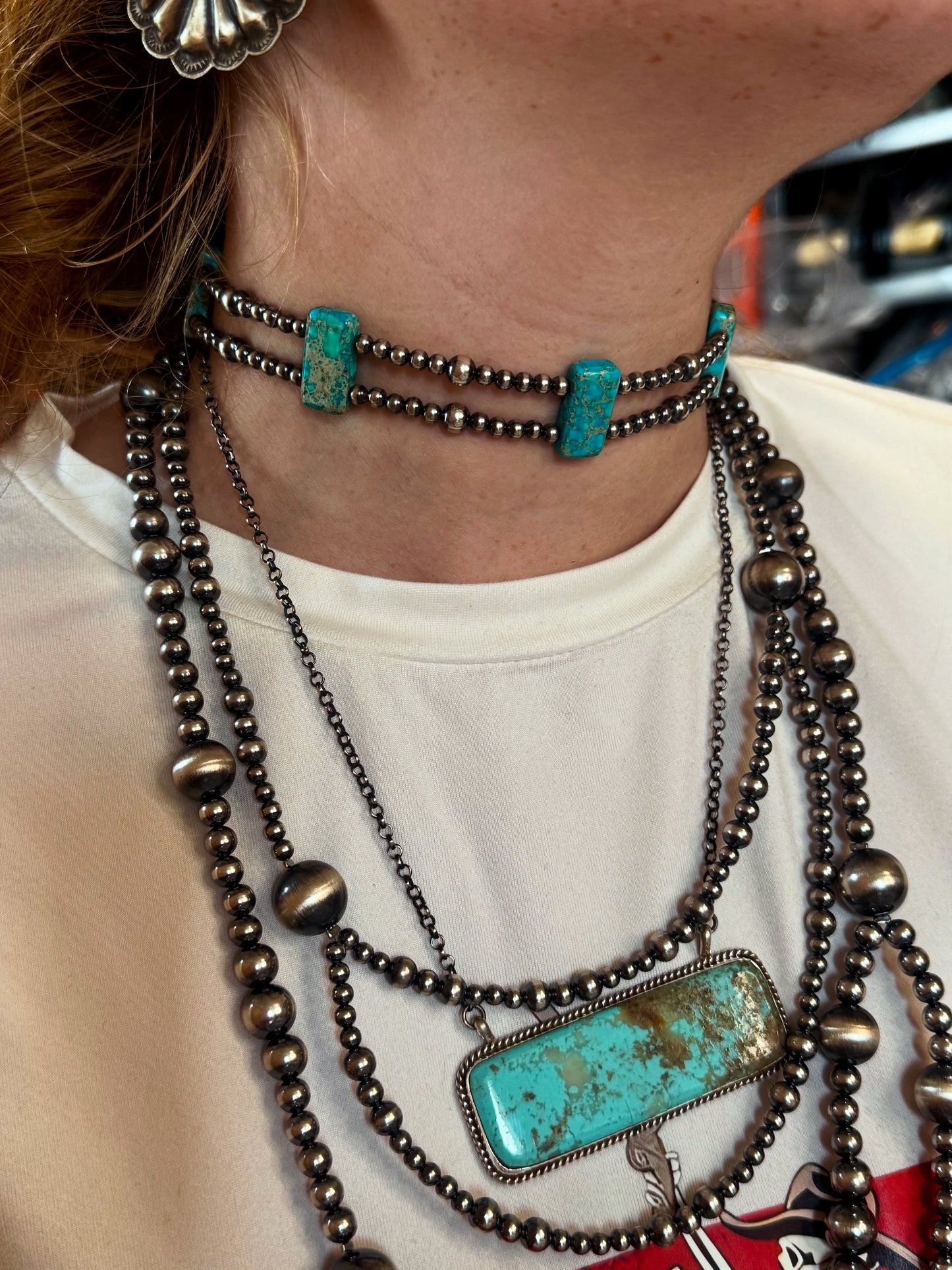 Green/Blue Double Strand Necklace – 13” Beaded – Sterling Silver Pearls & Rectangle Variscite Turquoise