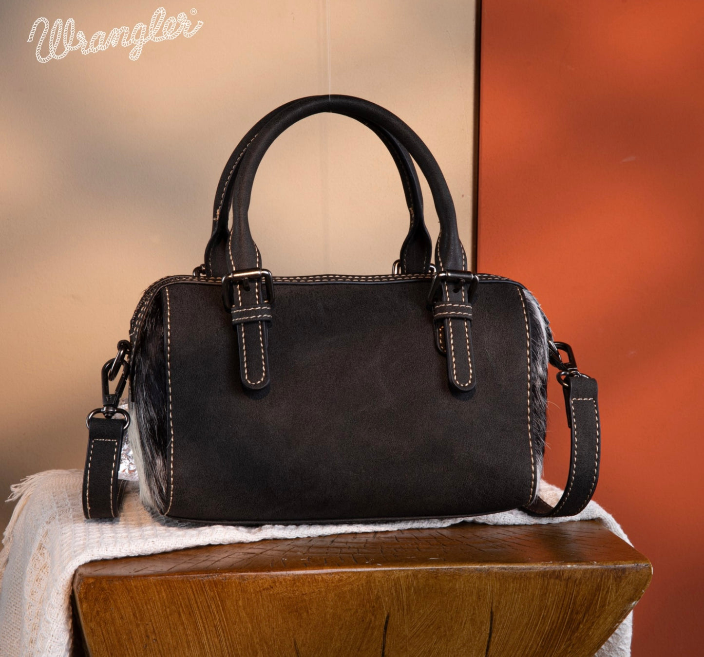 Wrangler Genuine Hair-On Cowhide Barrel Bag/Crossbody - Black