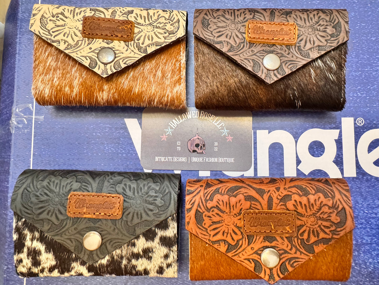 Wrangler Genuine Hair-On Cowhide Floral Tooled Card Holder