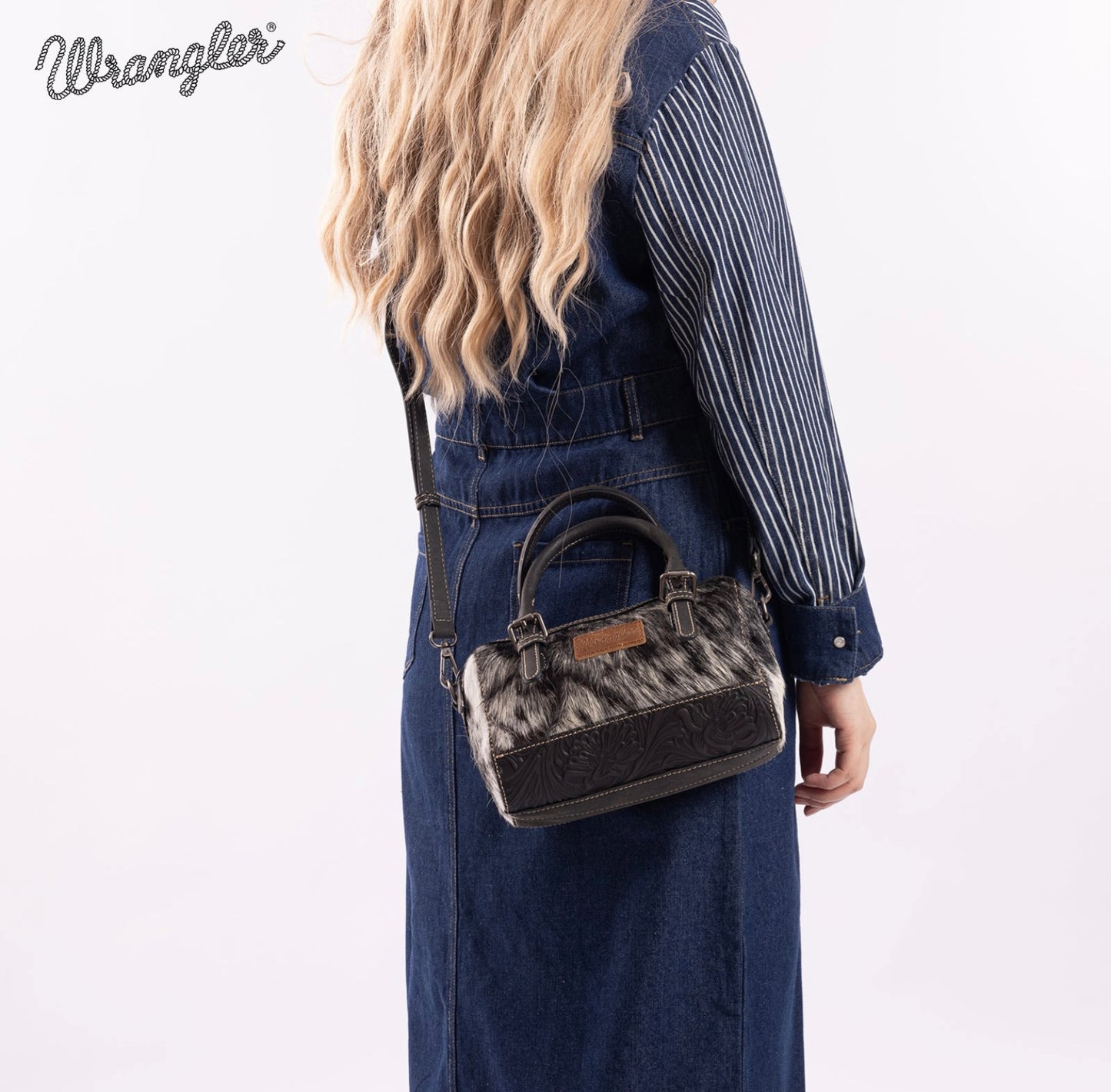 Wrangler Genuine Hair-On Cowhide Barrel Bag/Crossbody - Black