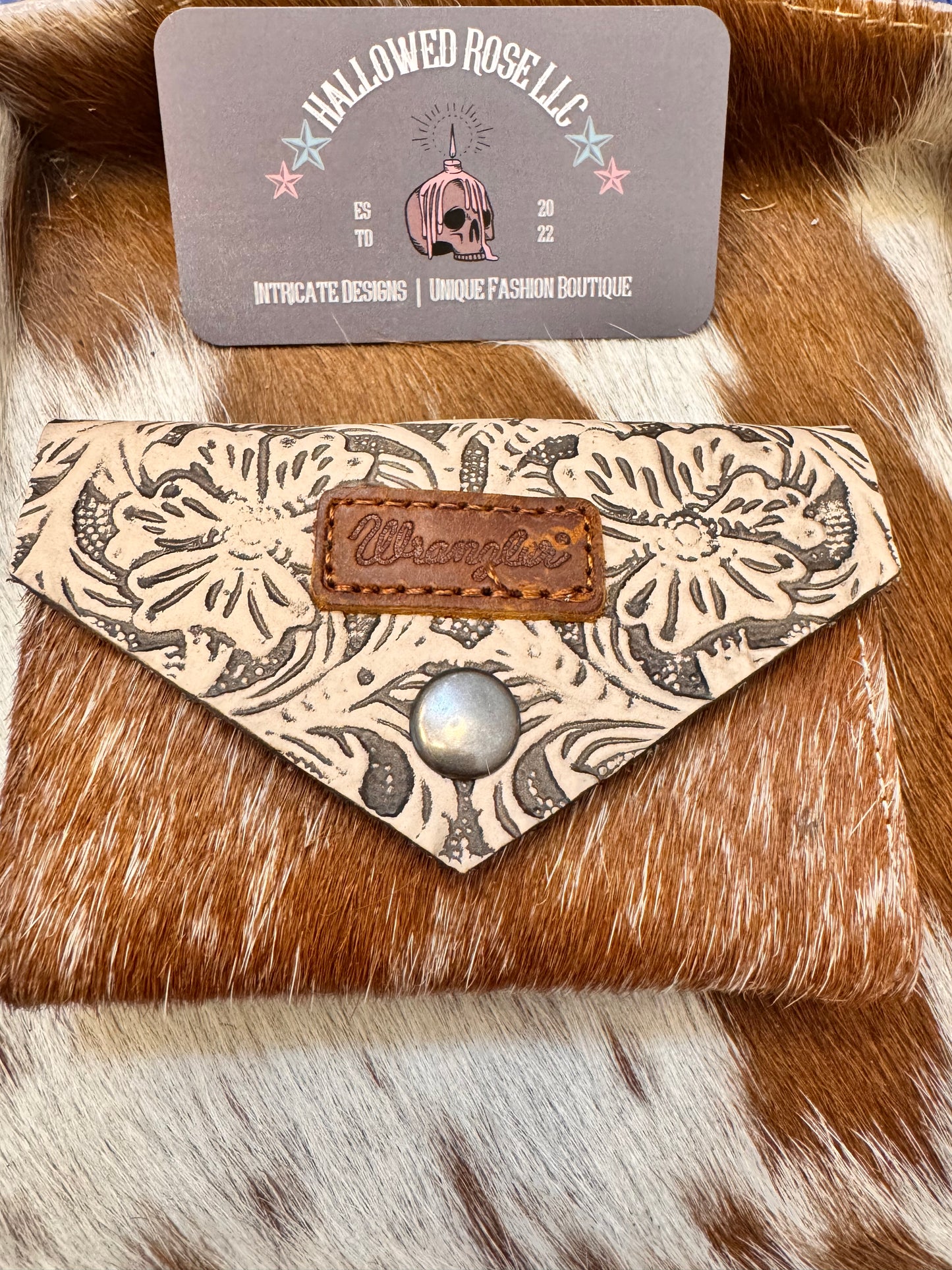 Wrangler Genuine Hair-On Cowhide Floral Tooled Card Holder