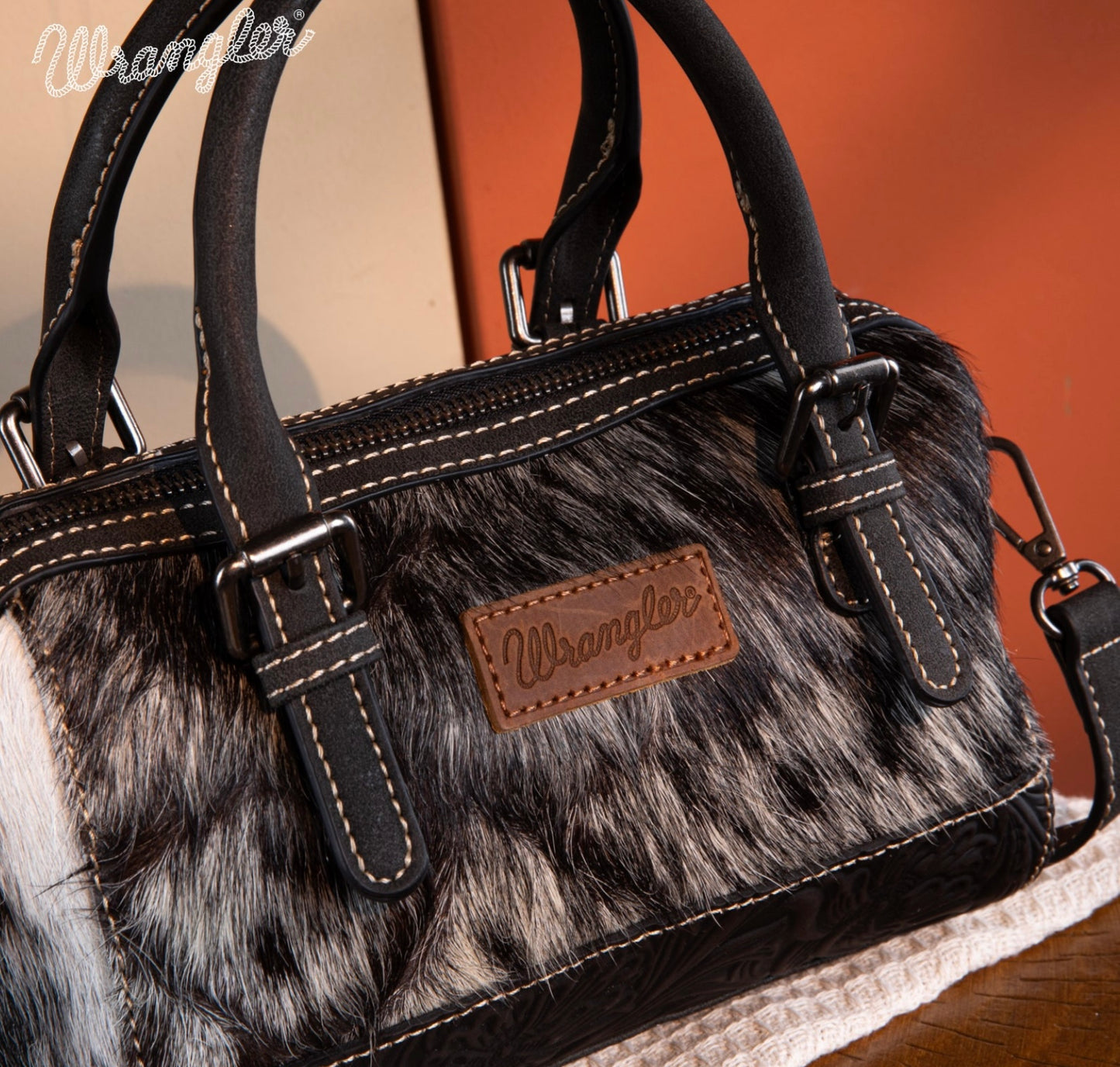 Wrangler Genuine Hair-On Cowhide Barrel Bag/Crossbody - Black