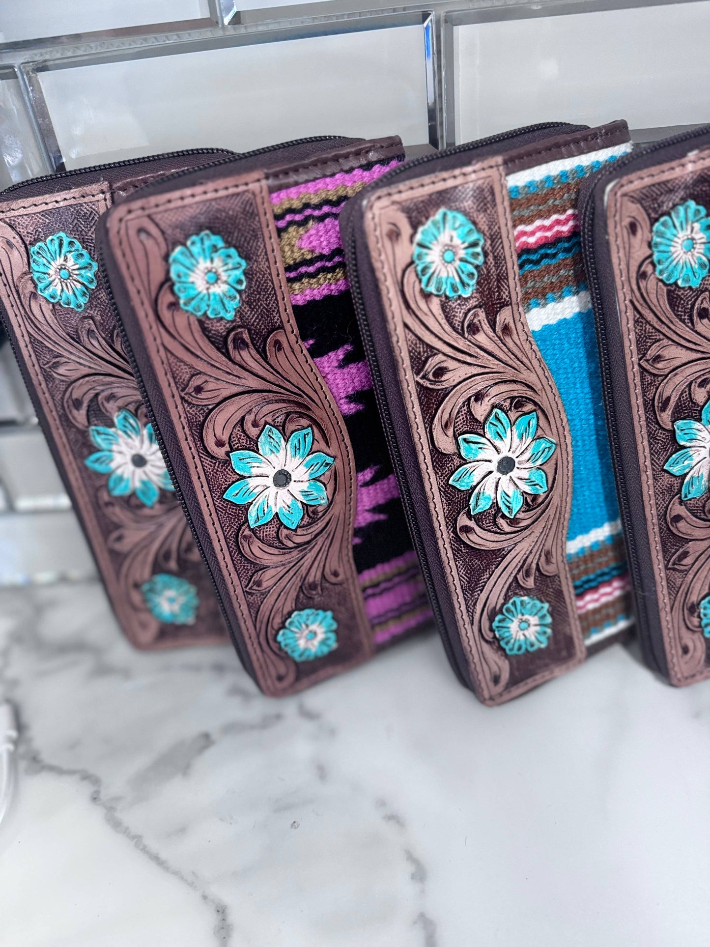Saddle blanket tooled wallets: Pink
