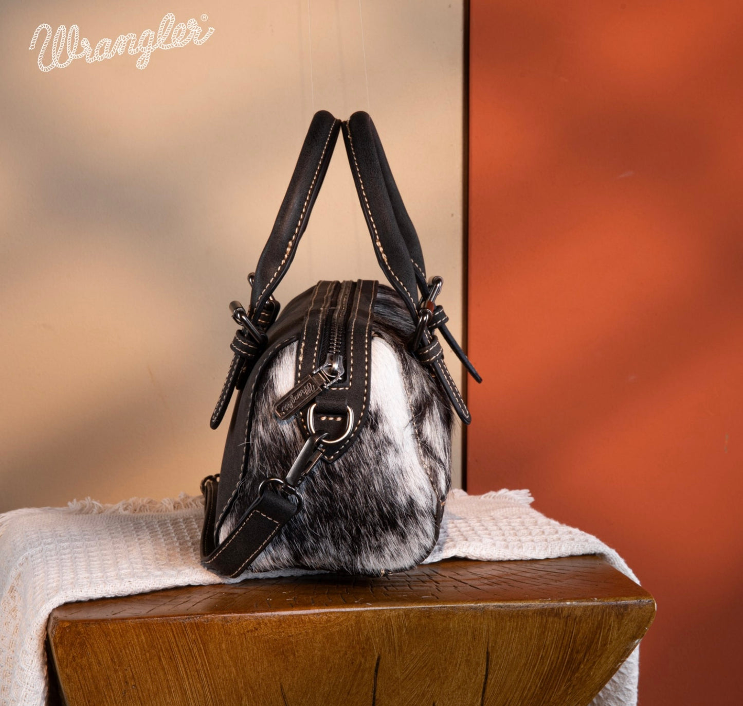 Wrangler Genuine Hair-On Cowhide Barrel Bag/Crossbody - Black