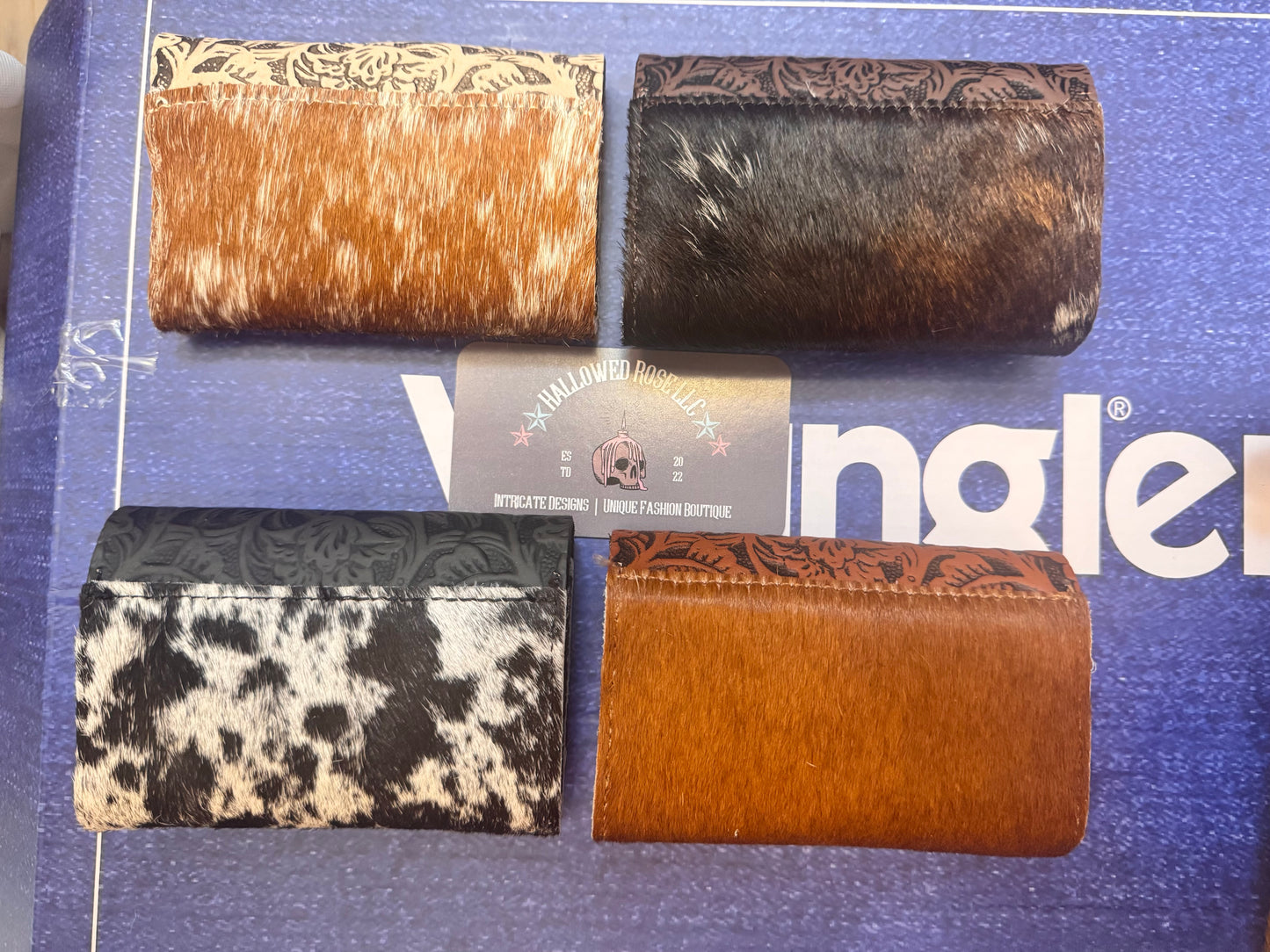 Wrangler Genuine Hair-On Cowhide Floral Tooled Card Holder