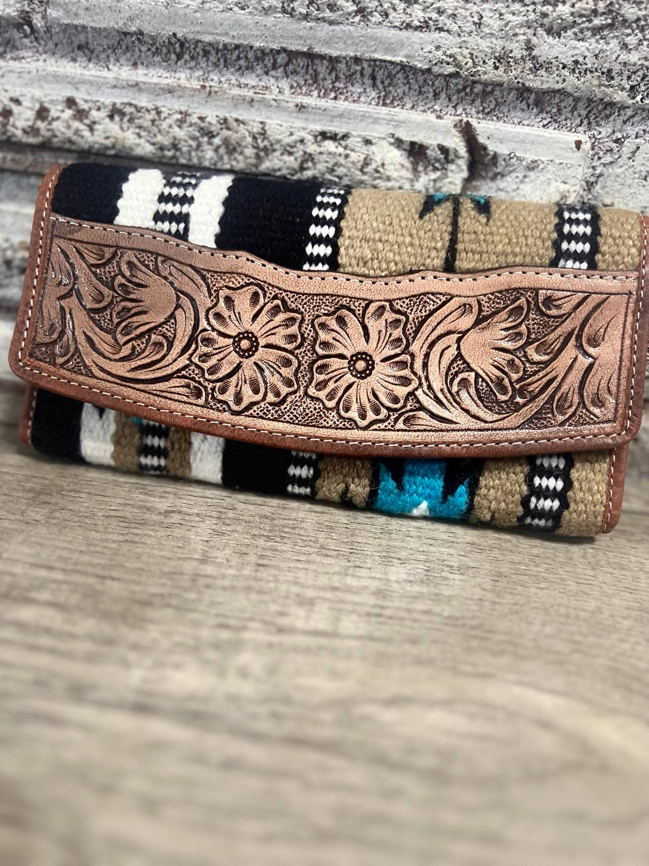 Saddle blanket tooled large wallet