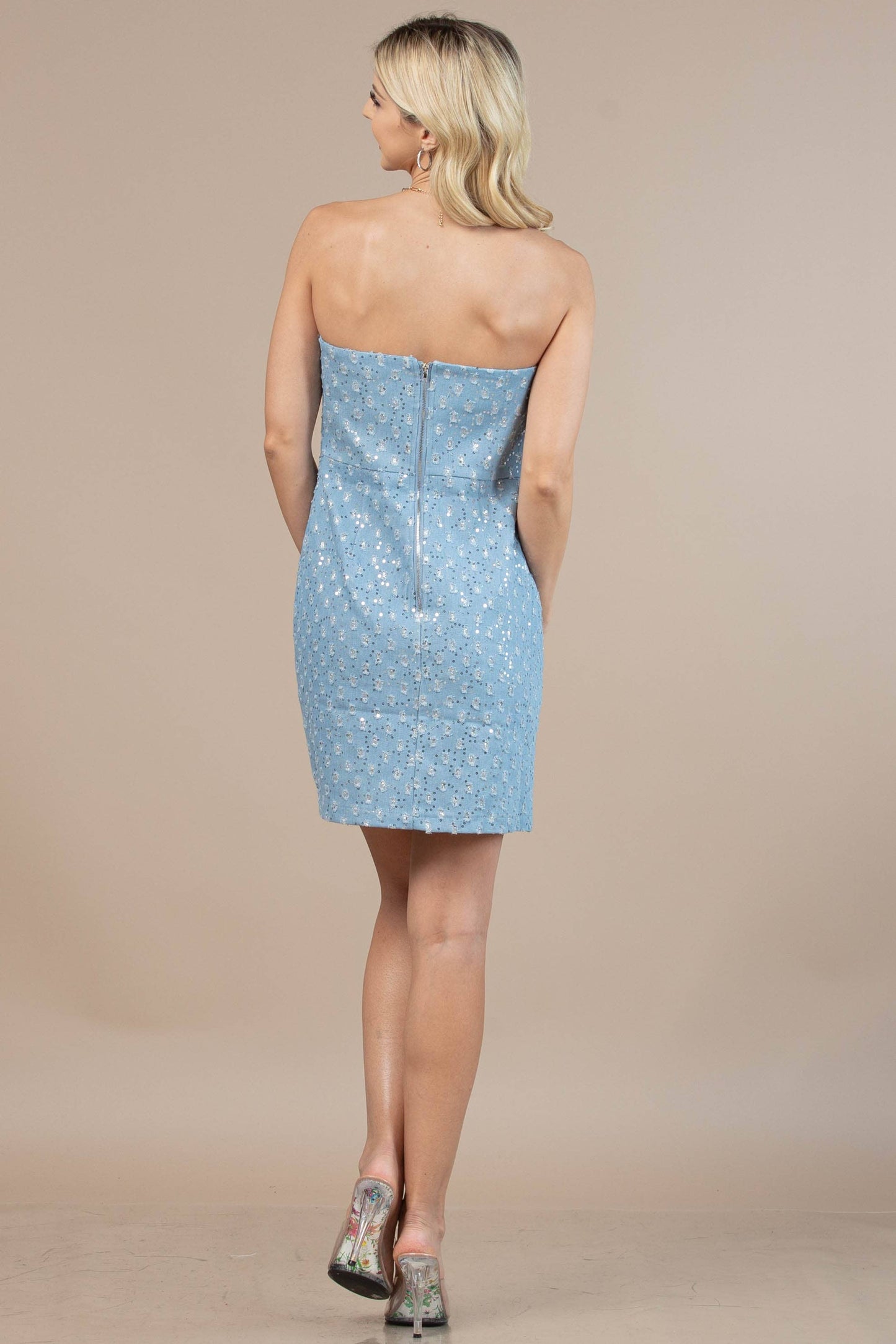 Sequin Denim Mini Off Shoulder Dress