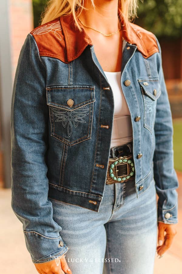 Denim Boot Stitch Brown Leather Yoke Jacket