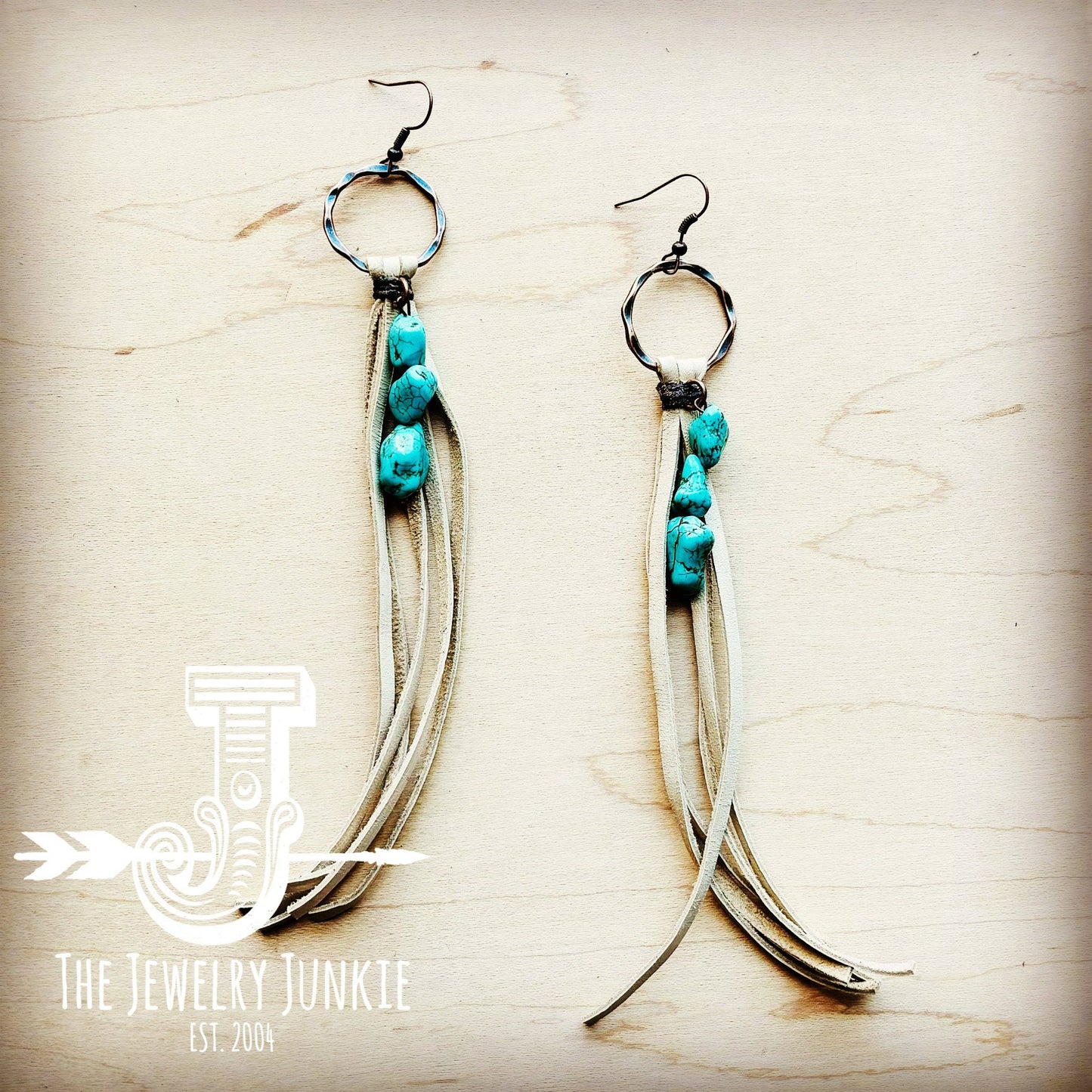 Leather Fringe Earrings with Turquoise Chunks Cream