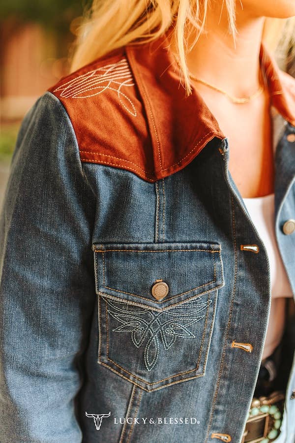 Denim Boot Stitch Brown Leather Yoke Jacket