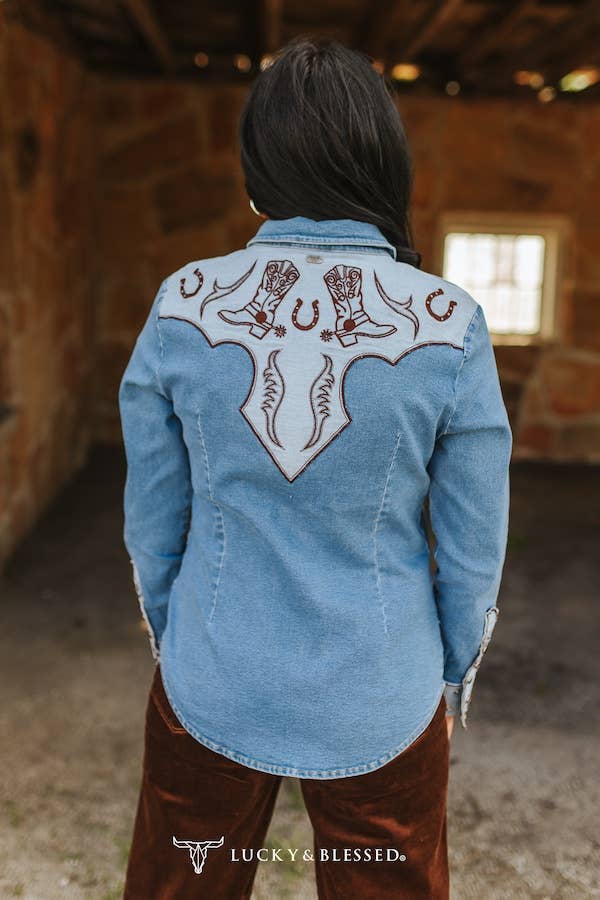 Denim Stretch Long Sleeve W Contrast Western Yokes