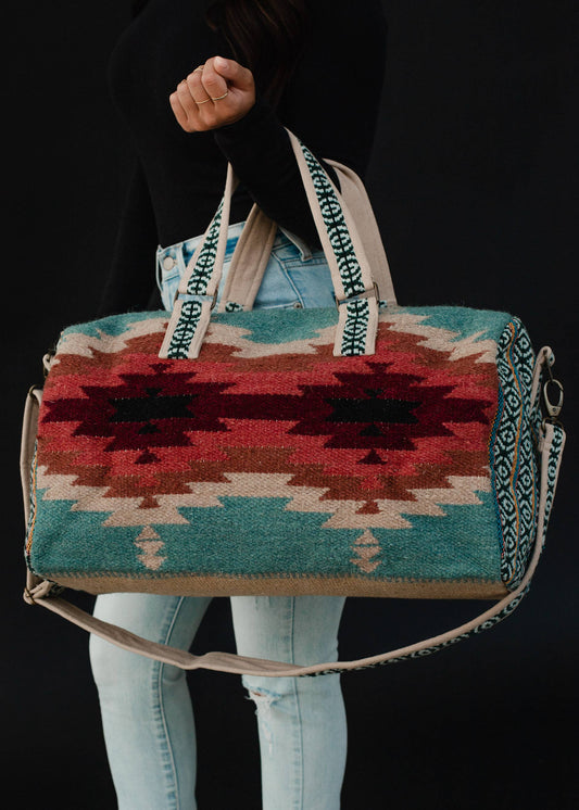 Teal, Burgundy & Tan Aztec Duffel