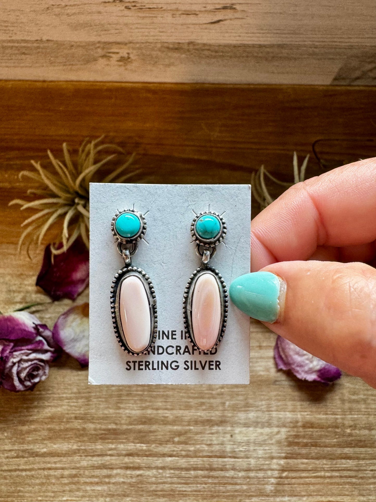Kingman Turquoise & Pink Conch Dangle Earrings – Sterling Silver – Native Made by Marcella James