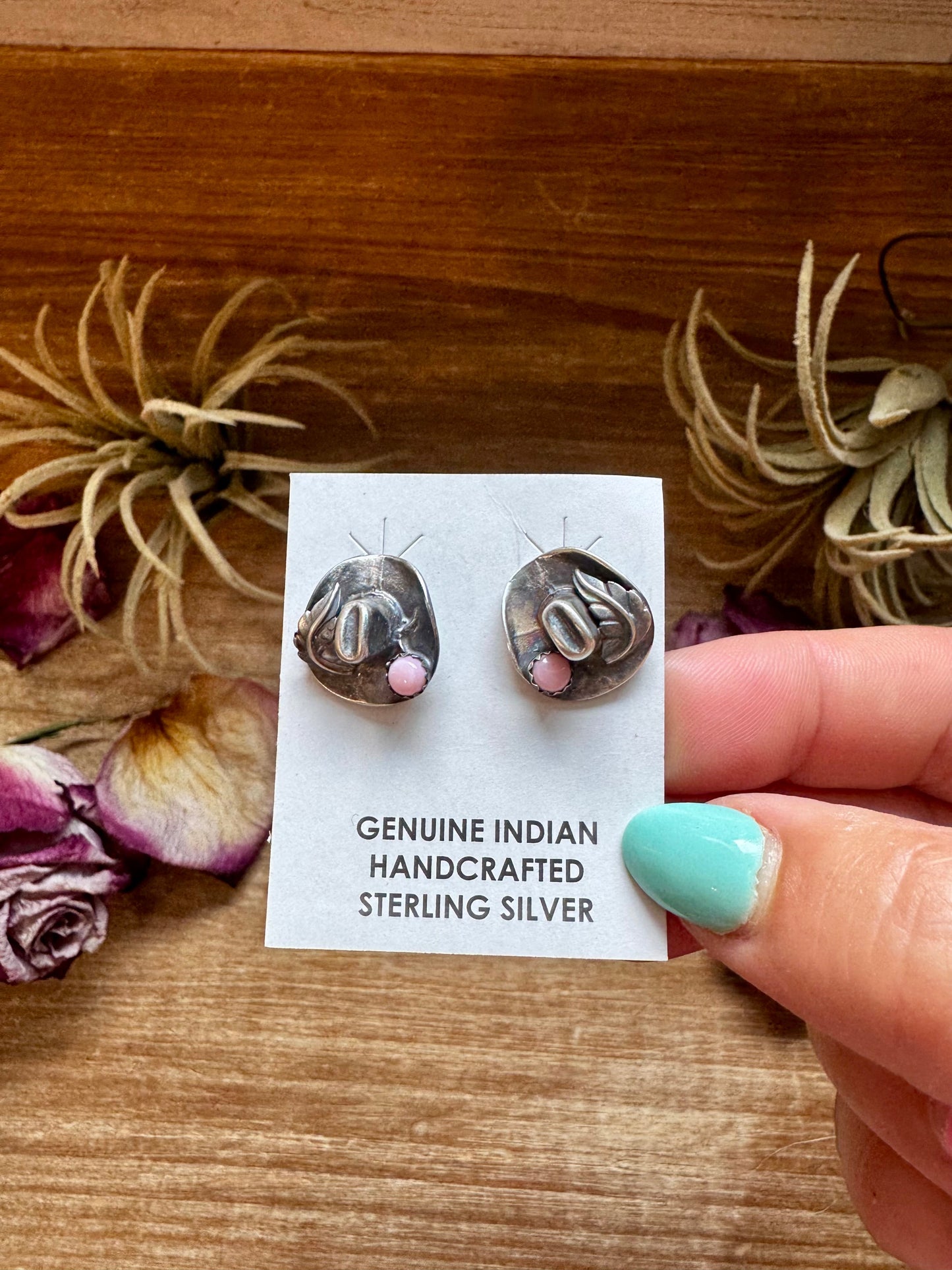 Mini Cowboy Hat Stud Earrings with Pink Conch