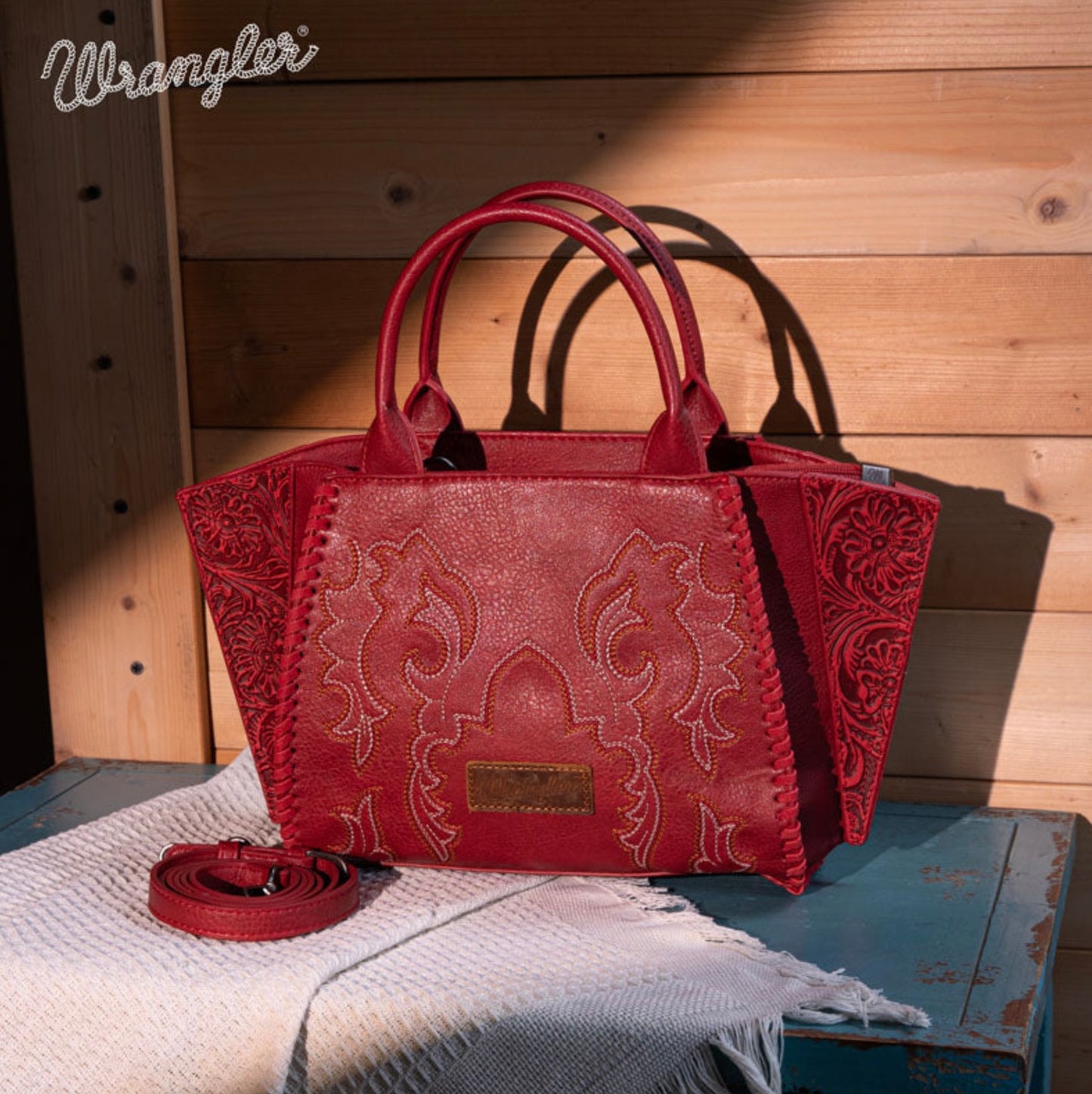 Wrangler Embroidered Trapezoid Tote/Crossbody - Red