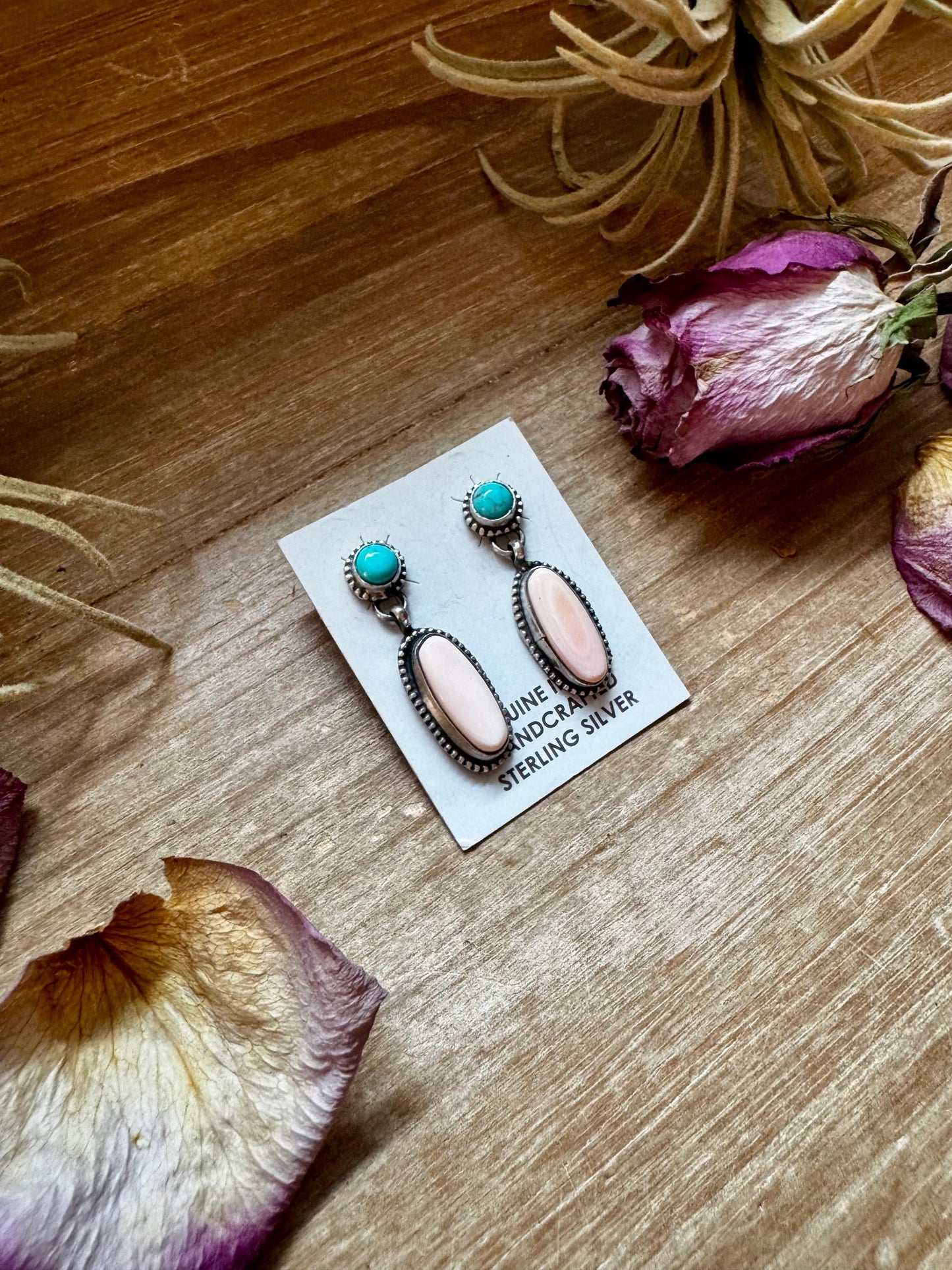 Kingman Turquoise & Pink Conch Dangle Earrings – Sterling Silver – Native Made by Marcella James
