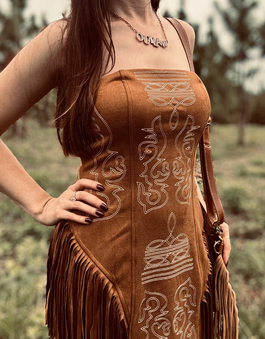 Camel Suede Boot Stitch Embroidered Fringe Dress