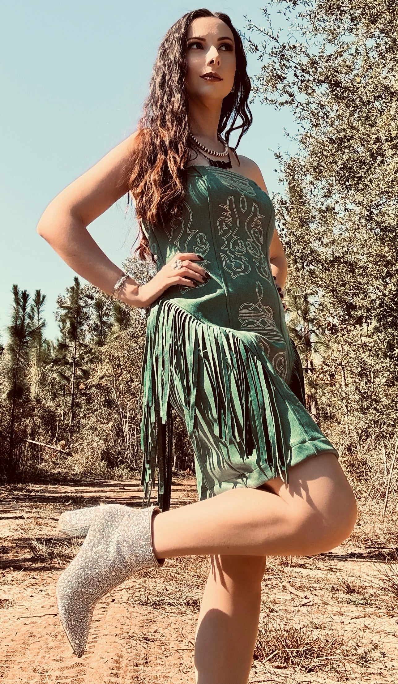 Teal Suede Boot Stitch Embroidered Fringe Dress