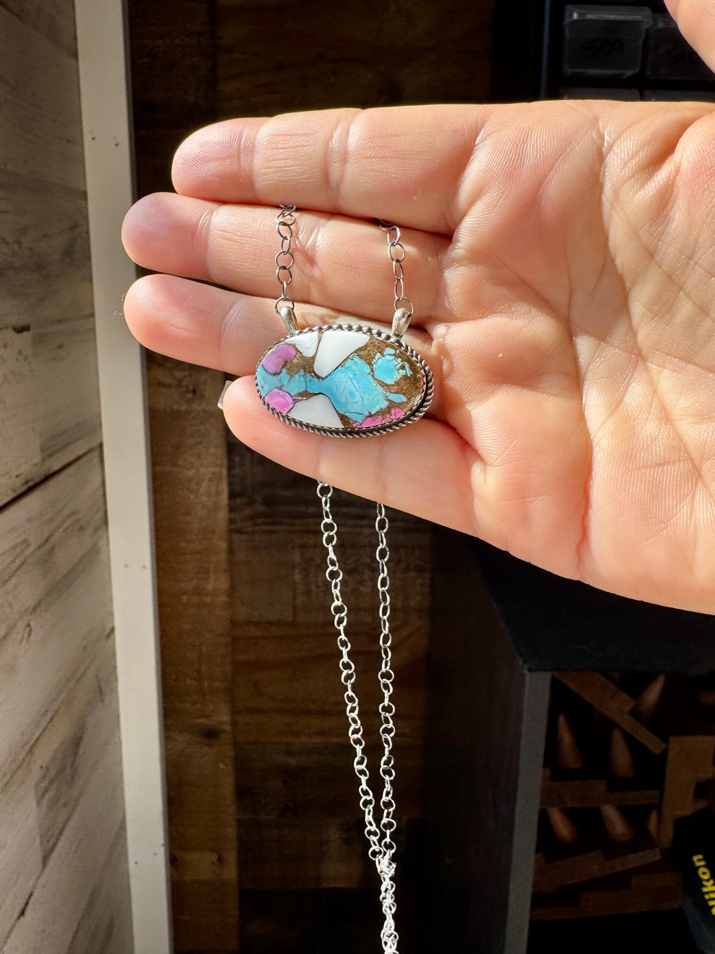 Cotton Candy Turquoise Bar Necklace – Oval Shape – 18" Sterling Chain – Tia Long, Navajo Handmade