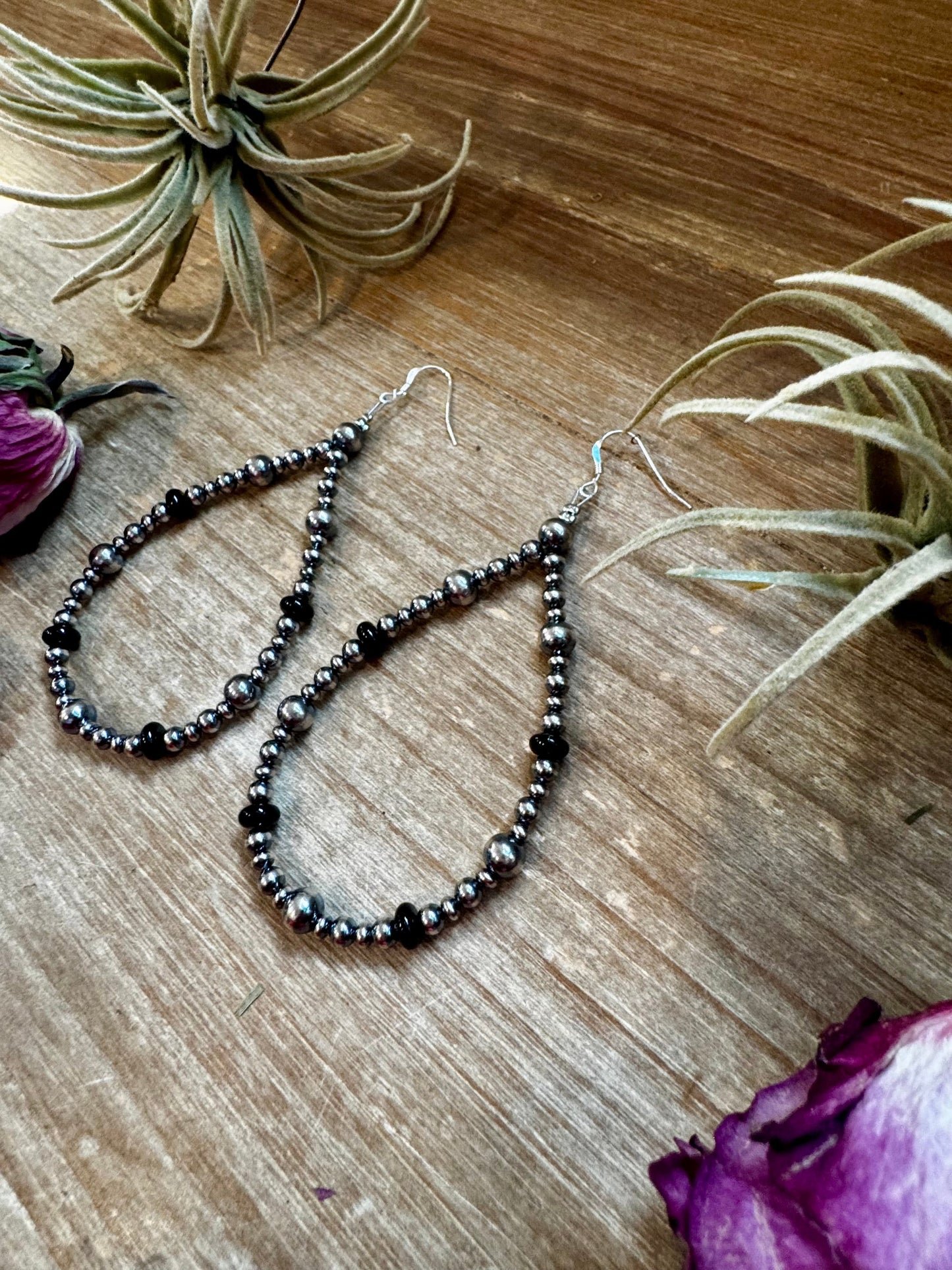 Sterling Silver Pearl & Black Onyx Teardrop Earrings