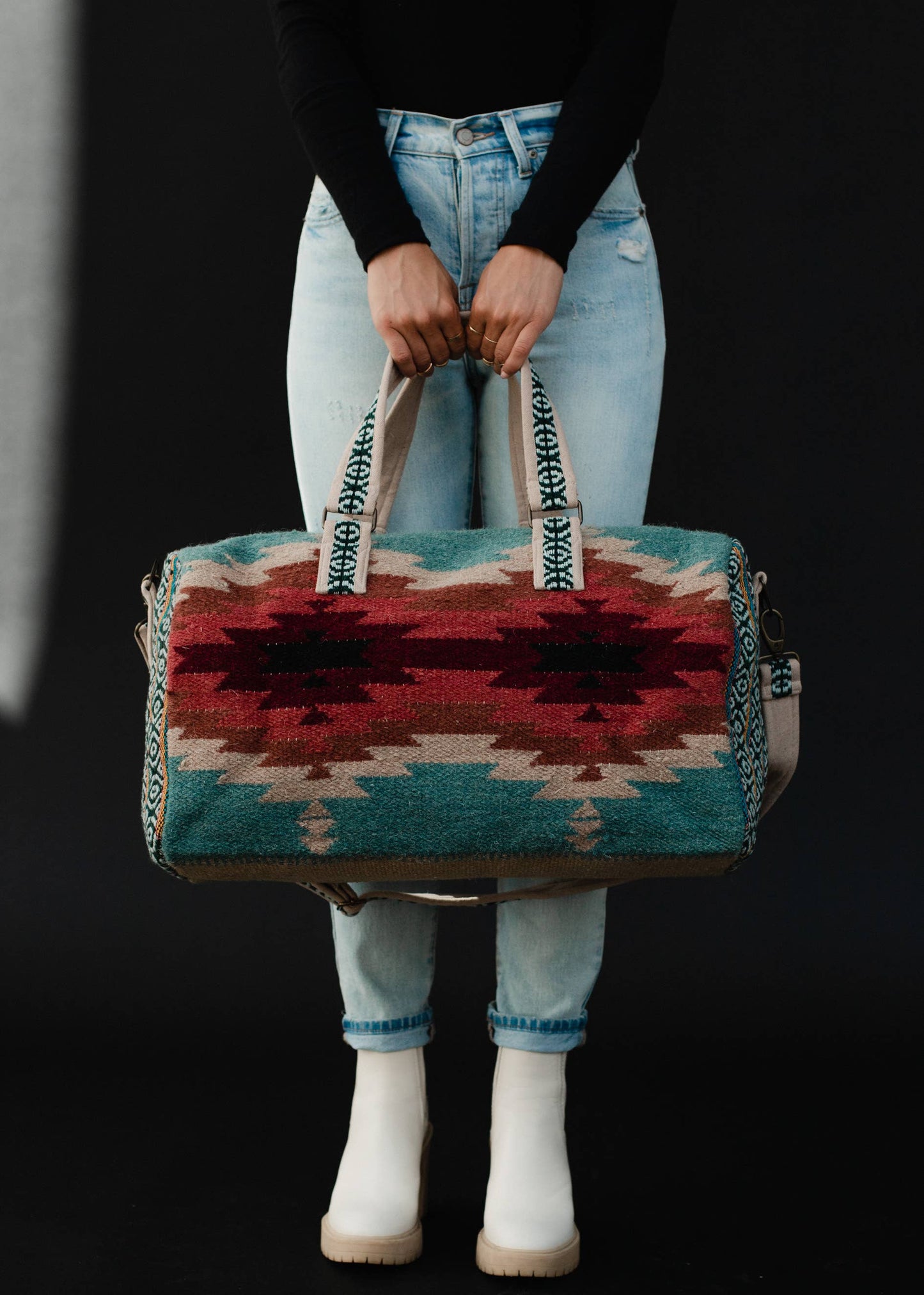 Teal, Burgundy & Tan Aztec Duffel