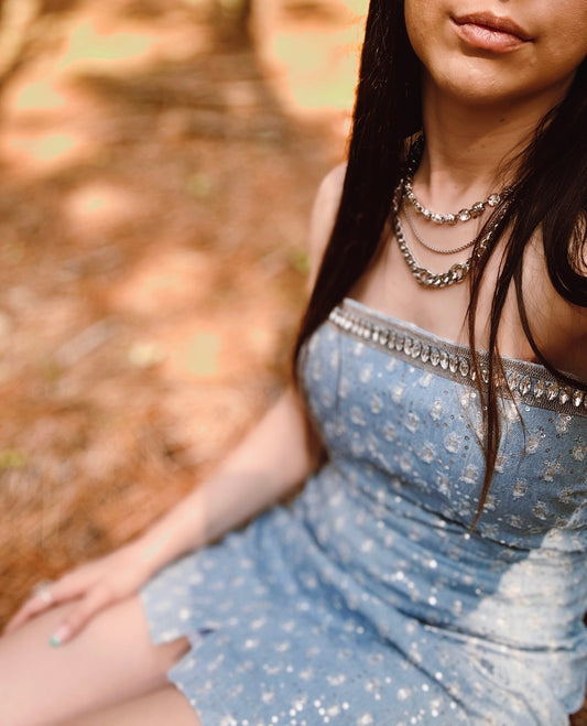 Sequin Denim Mini Off Shoulder Dress