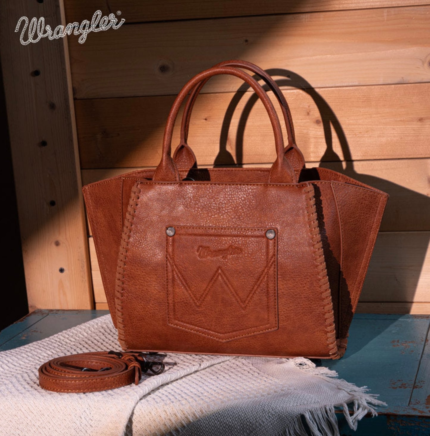 Wrangler Embroidered Trapezoid Tote/Crossbody - Brown