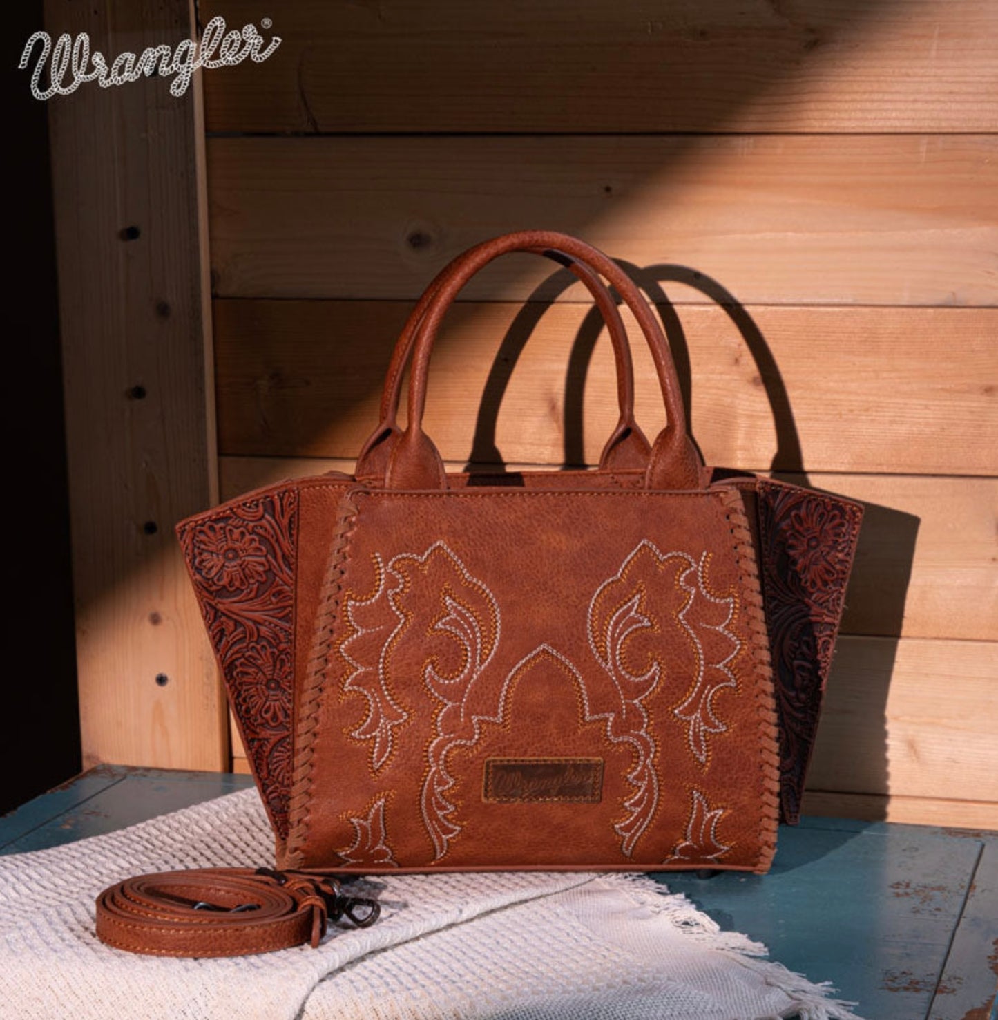 Wrangler Embroidered Trapezoid Tote/Crossbody - Brown