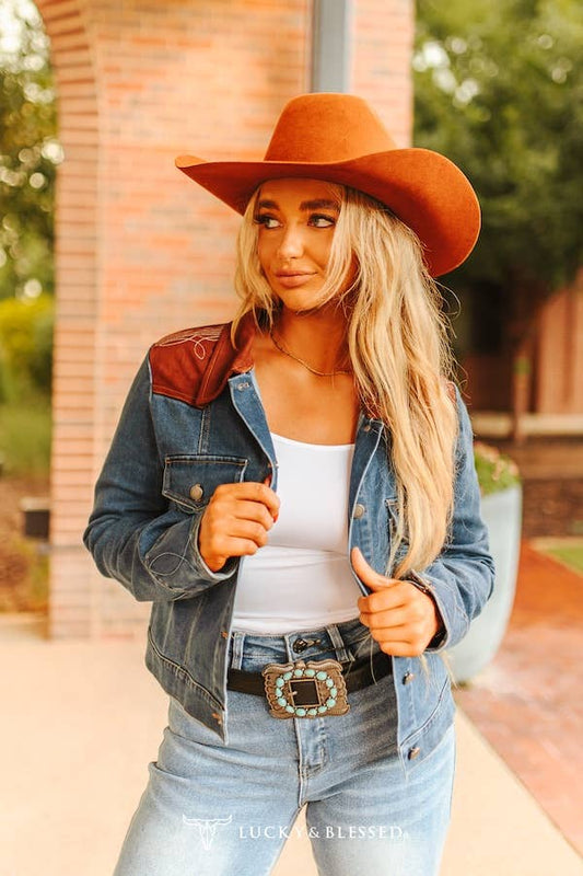 Denim Boot Stitch Brown Leather Yoke Jacket