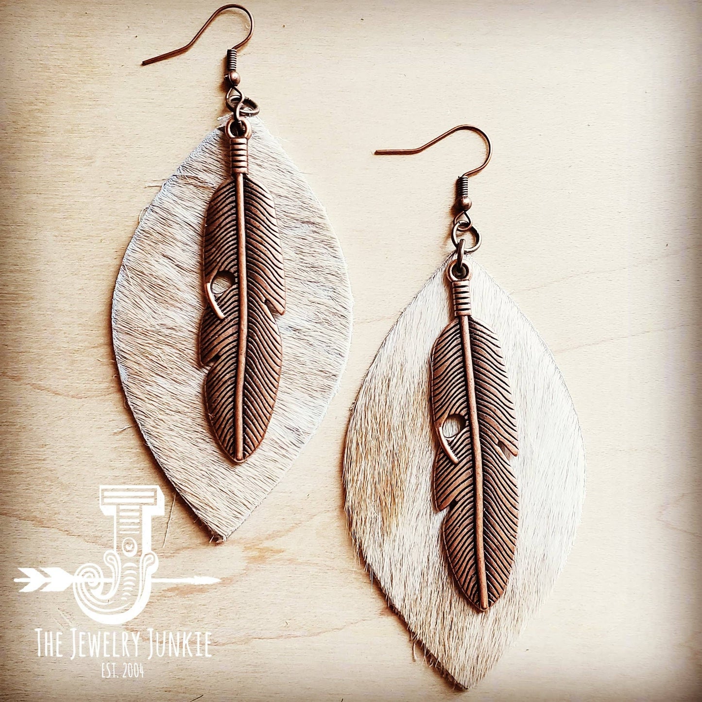 Leather Oval Earrings Hair on Hide w/  Copper Feather