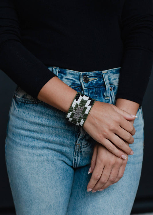 Green, White & Black Beaded Cuff