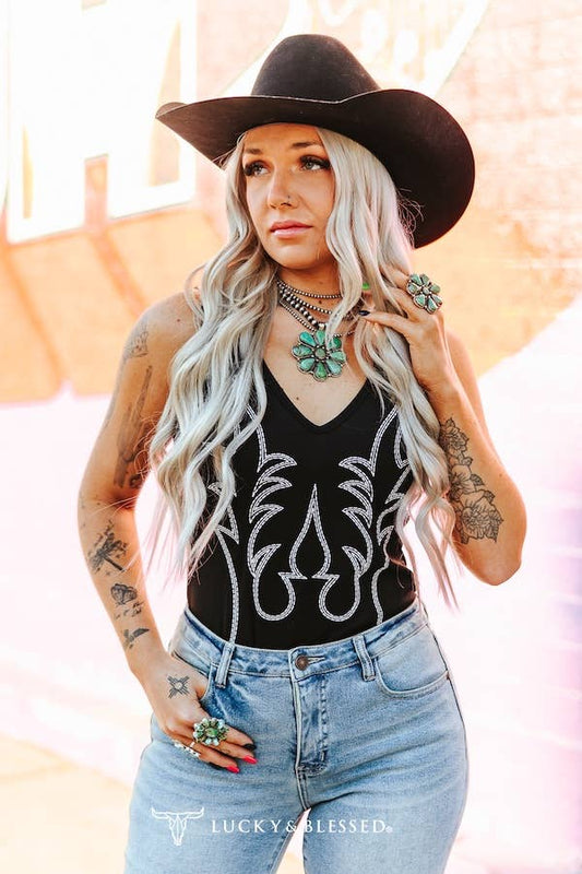 Black Ivory Boot-stitch Embroidered  V Neck Bodysuit