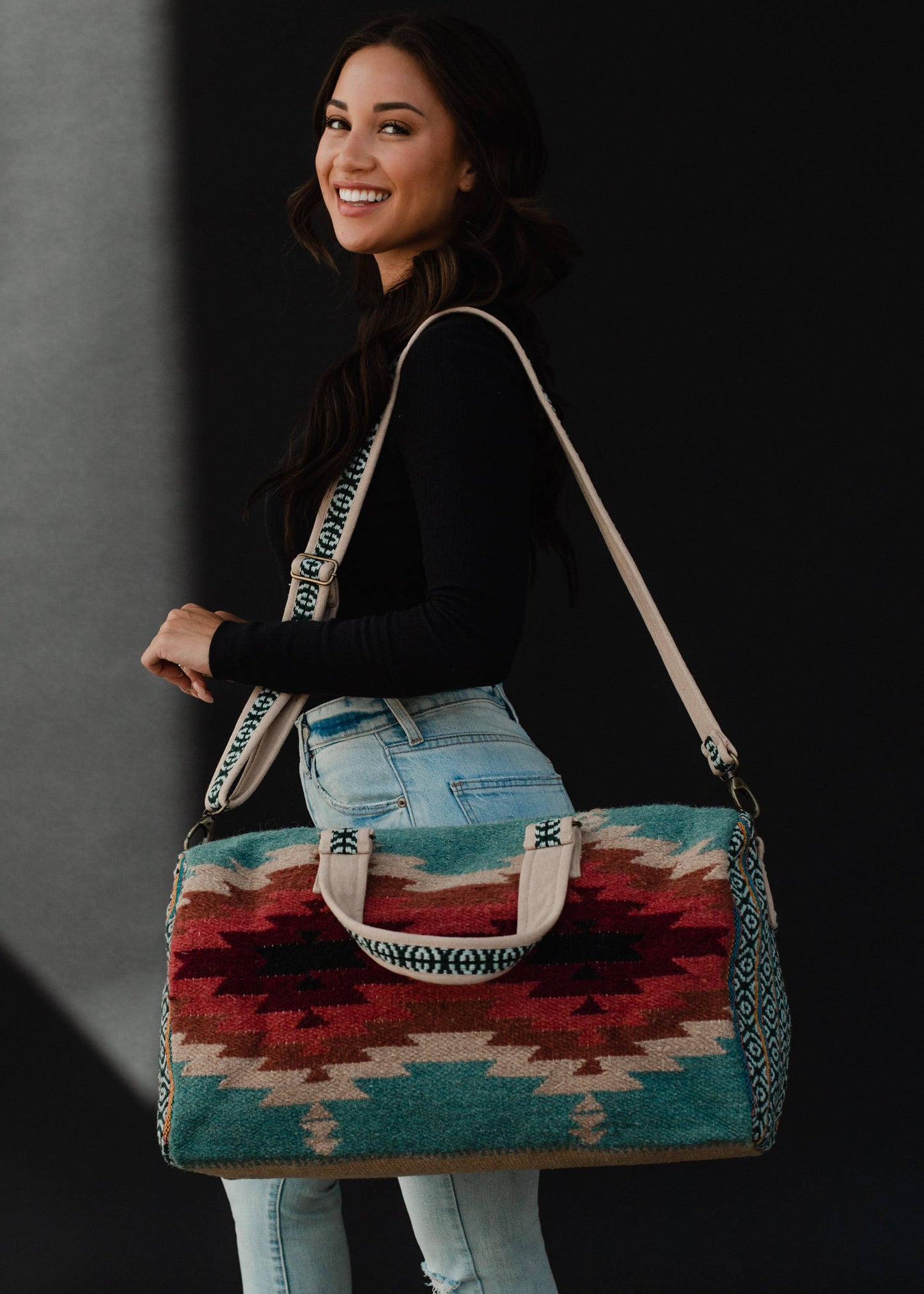 Teal, Burgundy & Tan Aztec Duffel