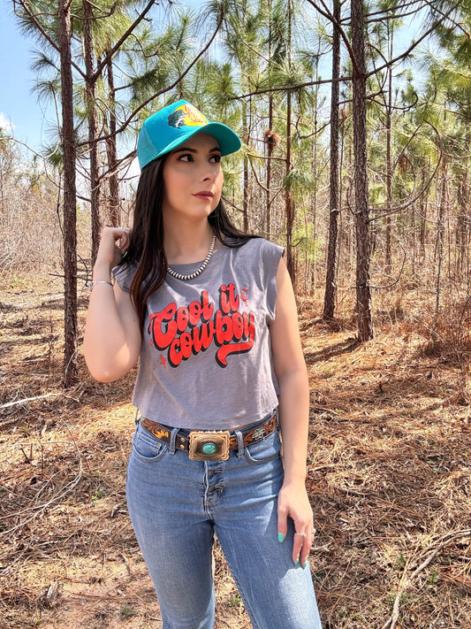 Cool It Cowboy Crop Top Graphic Tee: Medium