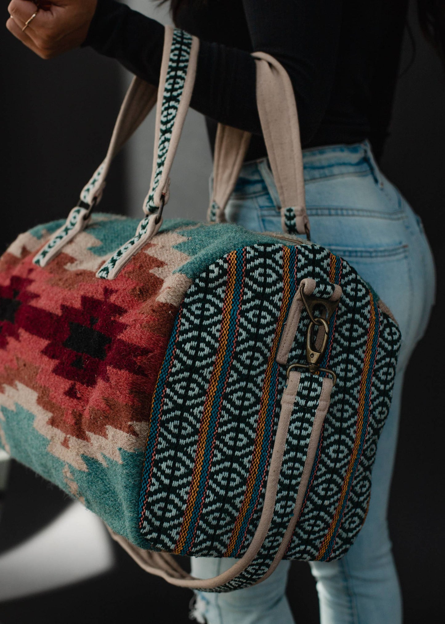 Teal, Burgundy & Tan Aztec Duffel