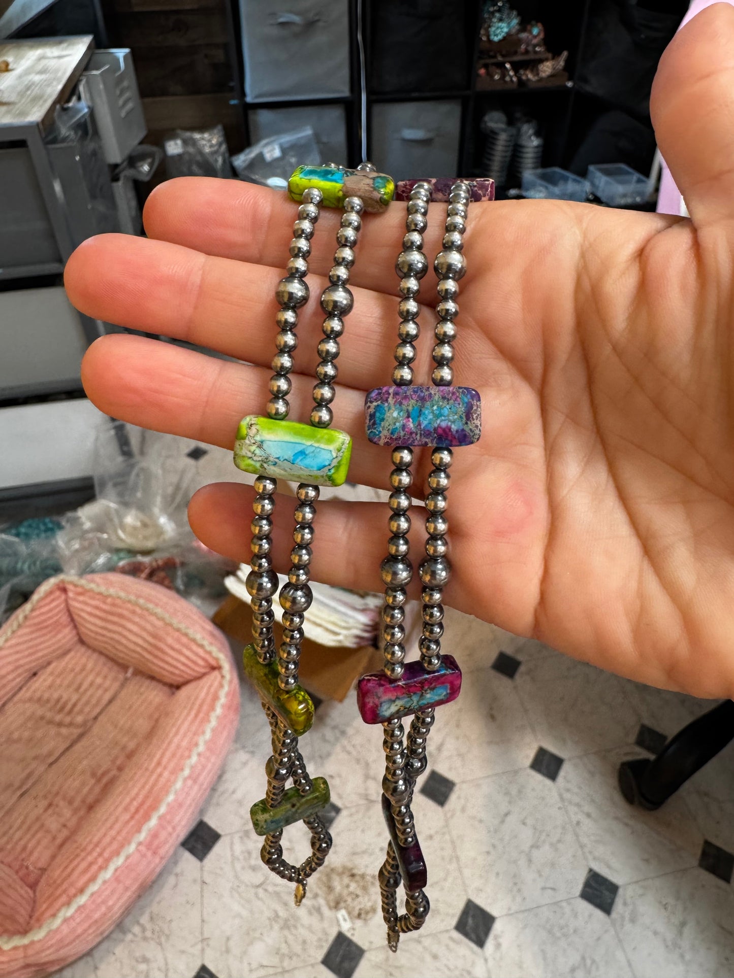 Purple Double Strand Necklace – 13” Beaded – Sterling Silver Pearls & Rectangle Variscite Turquoise