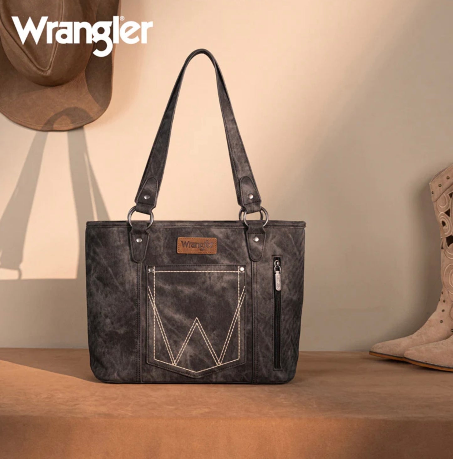 Wrangler "W" Stitch Water Repellent Denim Pocket Zippered Tote Bag