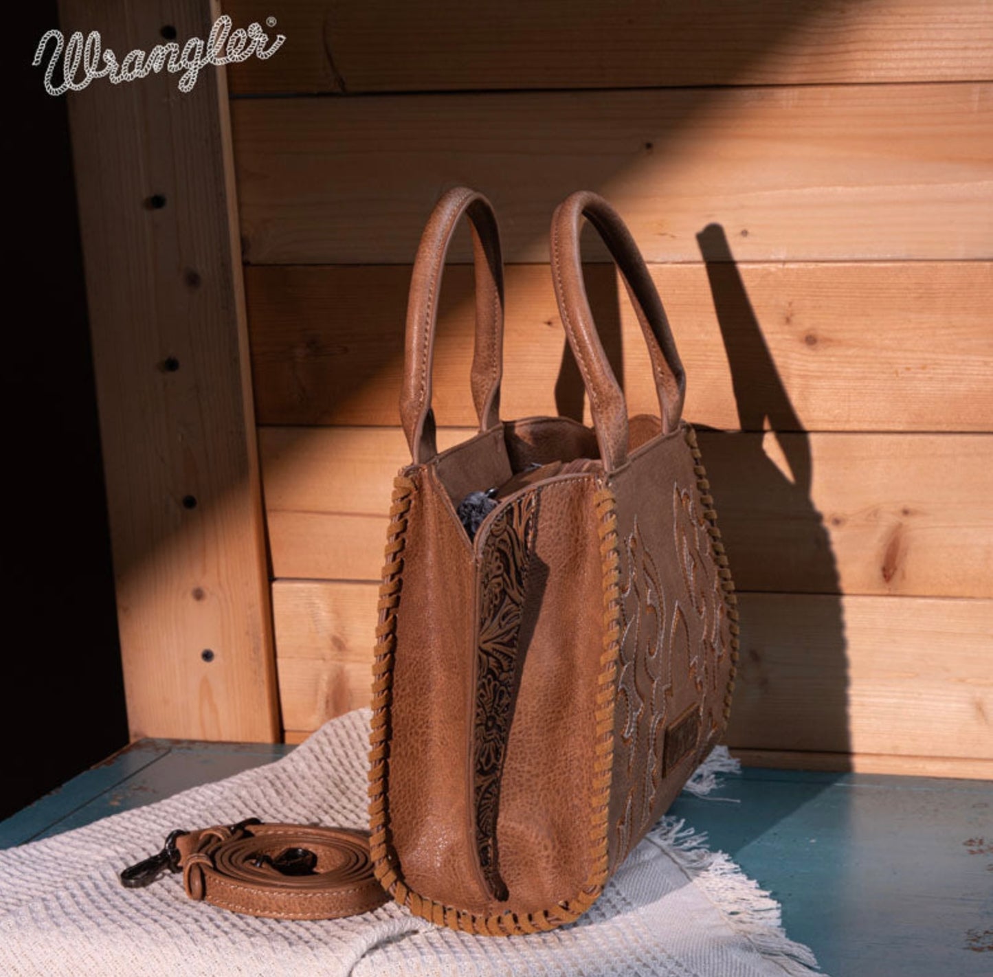 Wrangler Embroidered Trapezoid Tote/Crossbody - Khaki