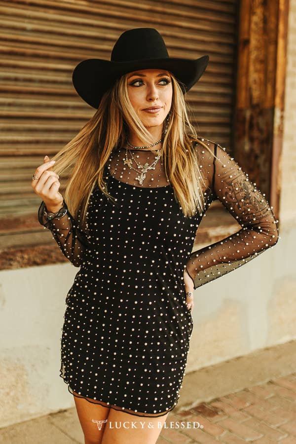 Black Mesh Rhinestone Pearl Studded Dress: S