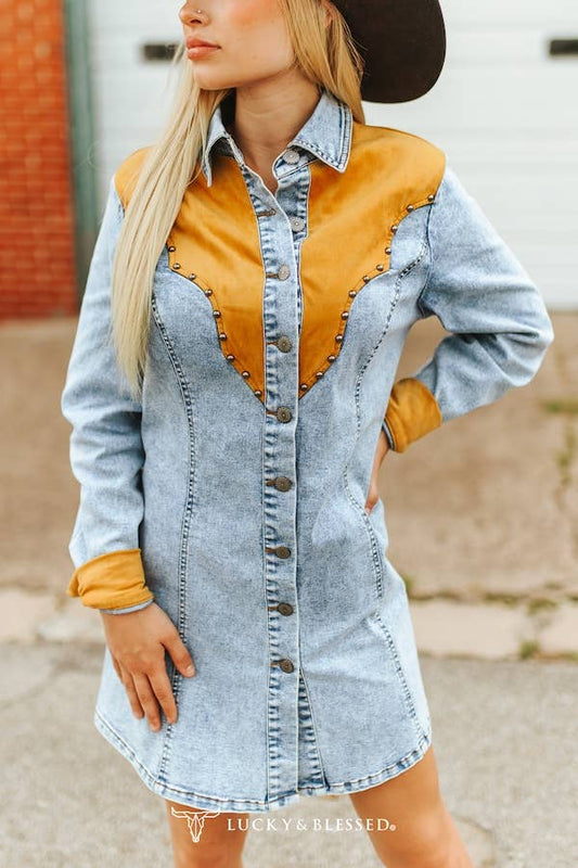 Acid Wash Denim Concho Suede Studded Yoke