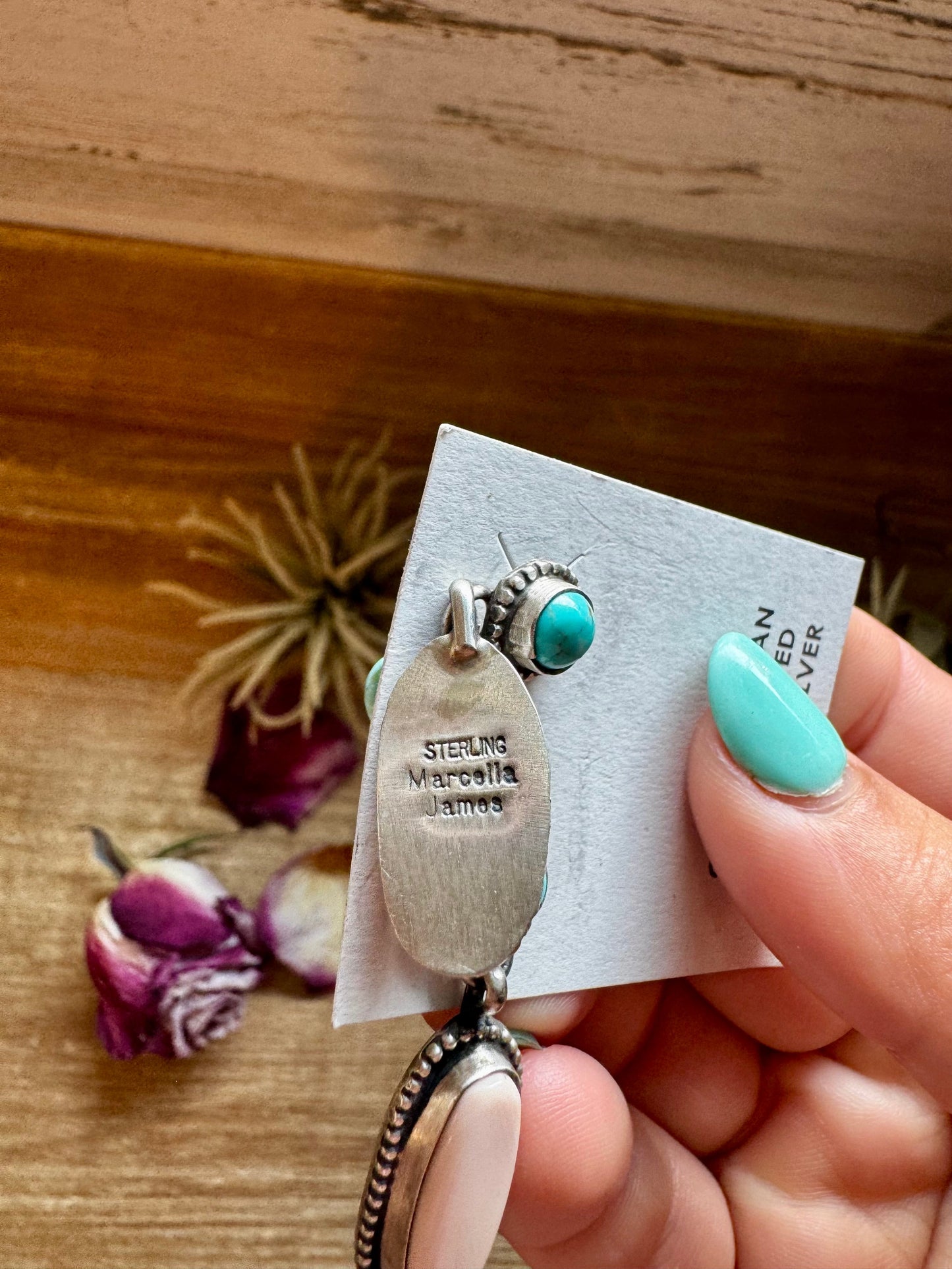 Kingman Turquoise & Pink Conch Dangle Earrings – Sterling Silver – Native Made by Marcella James