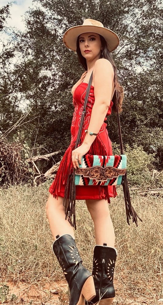 Leather Tooled Saddle Blanket Crossbody/Clutch