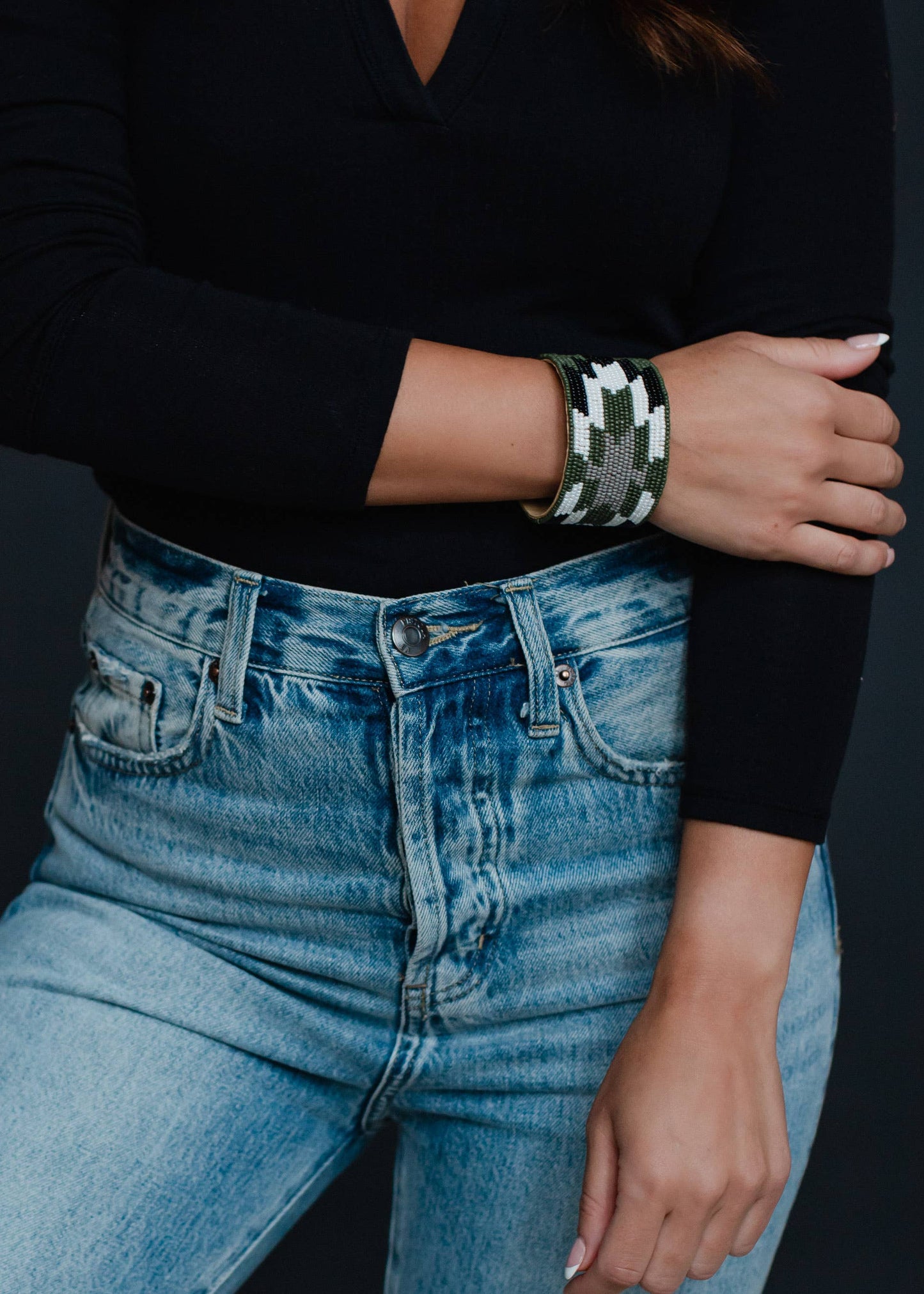 Green, White & Black Beaded Cuff