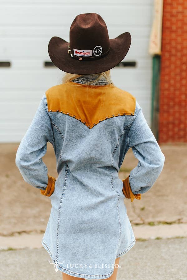 Acid Wash Denim Concho Suede Studded Yoke