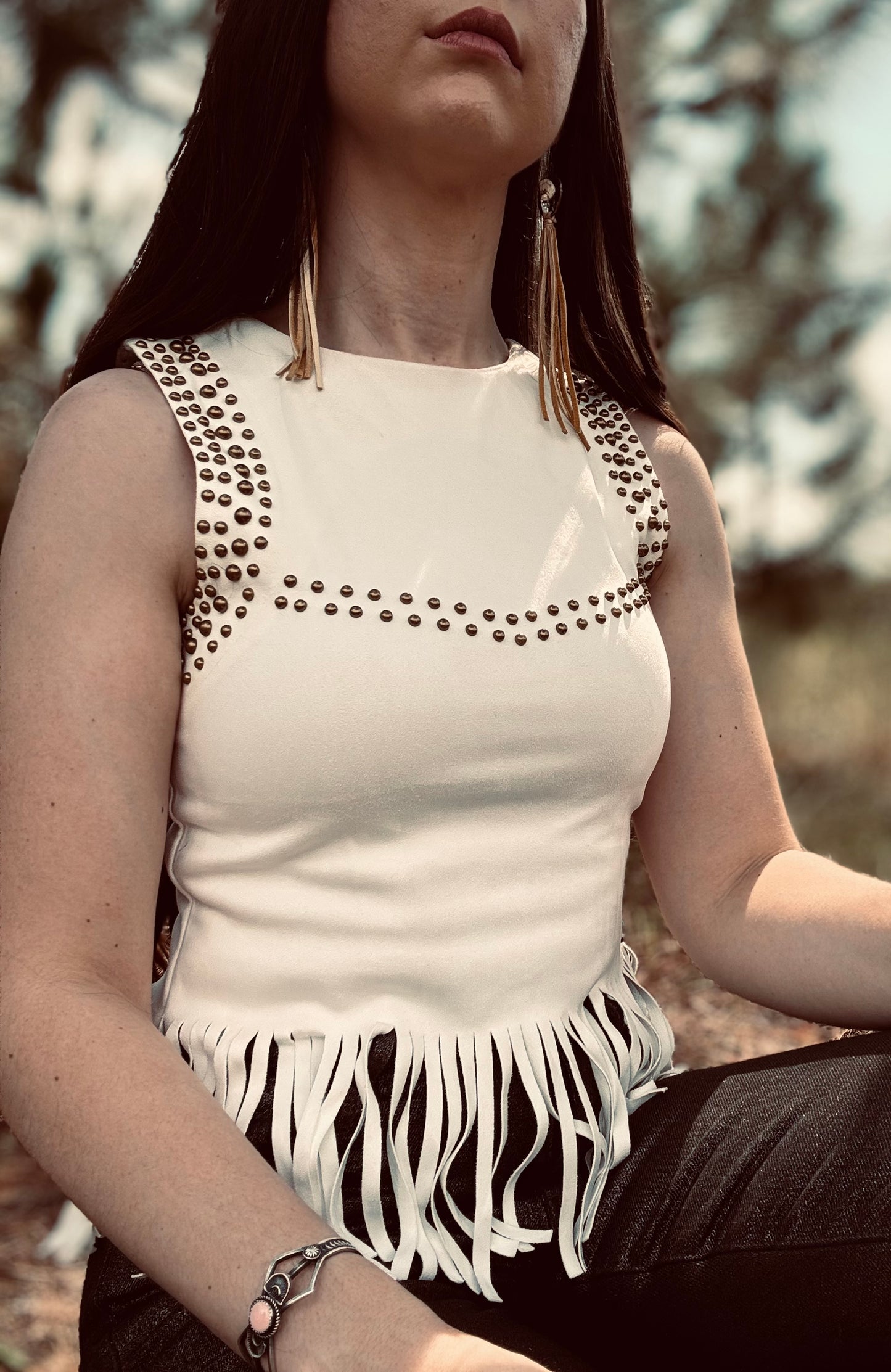 Ivory Studded Fringe Hem Sleeveless Top