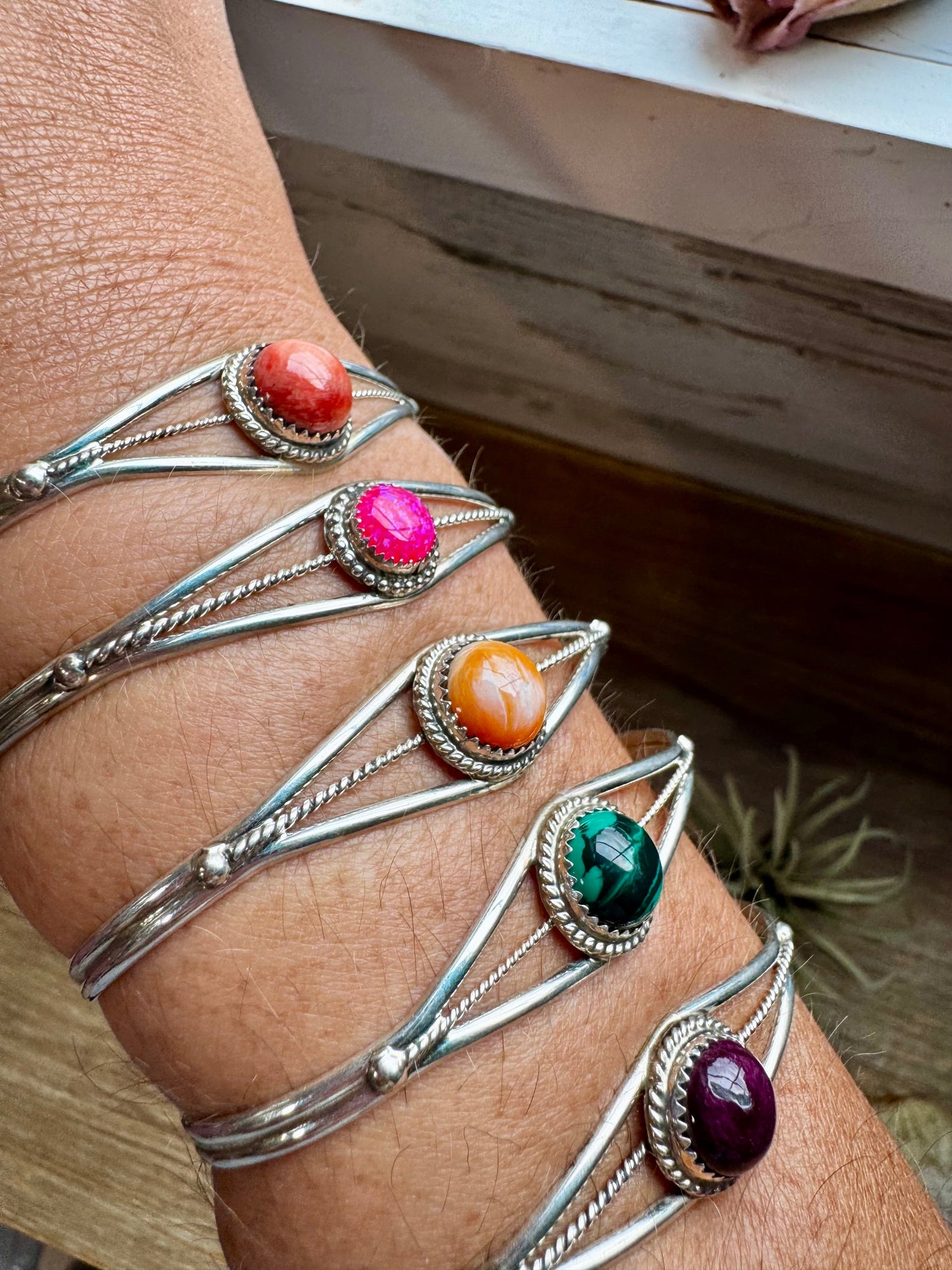 Multistone Cuff Bracelet – Malachite, Spiny Oyster, or Pink Opal – Sterling Silver - pick yours