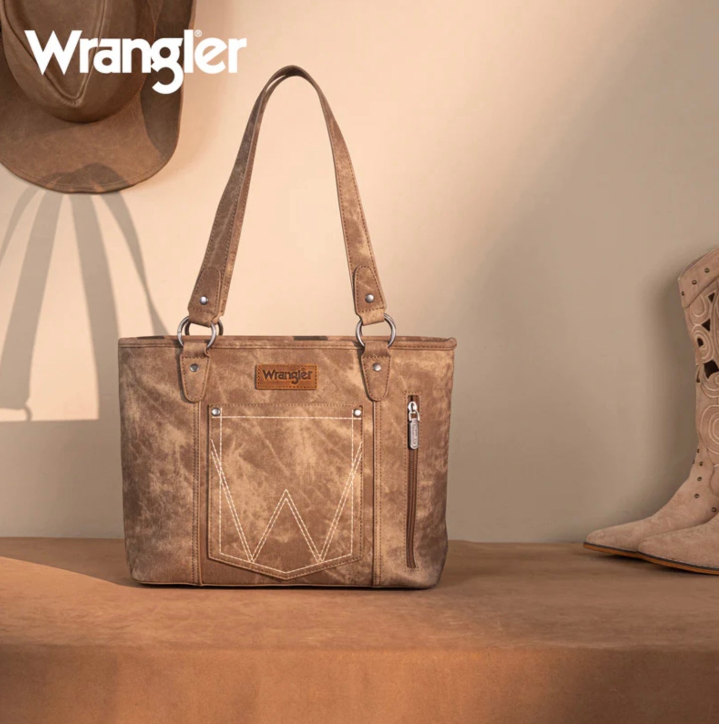 Wrangler "W" Stitch Water Repellent Denim Pocket Zippered Tote Bag