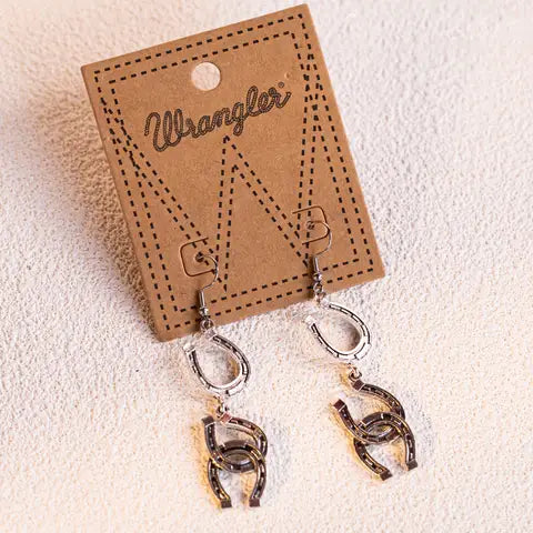 Wrangler Etched Circle Alloy Horse Head Dangling Earrings: Silver