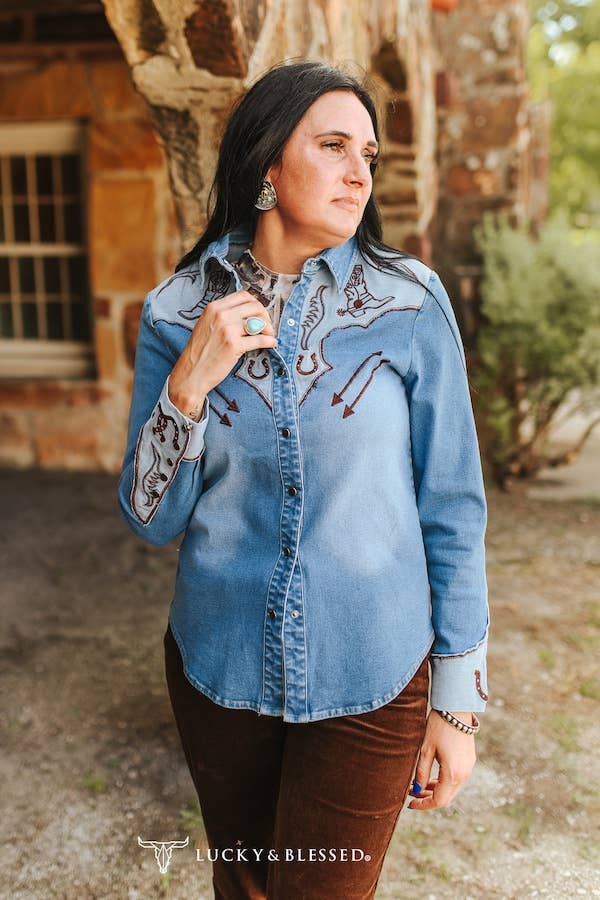 Denim Stretch Long Sleeve W Contrast Western Yokes