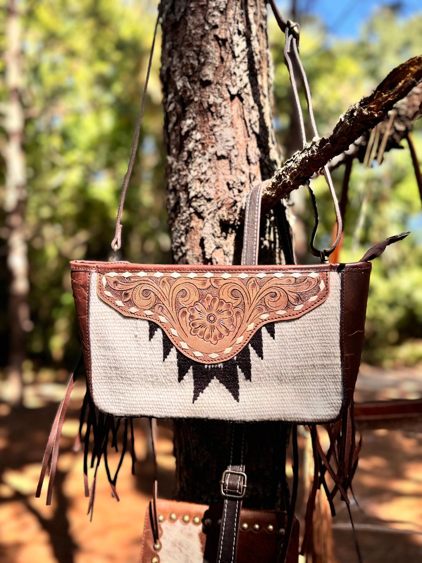 Leather Woven Fringe Tooled Bag